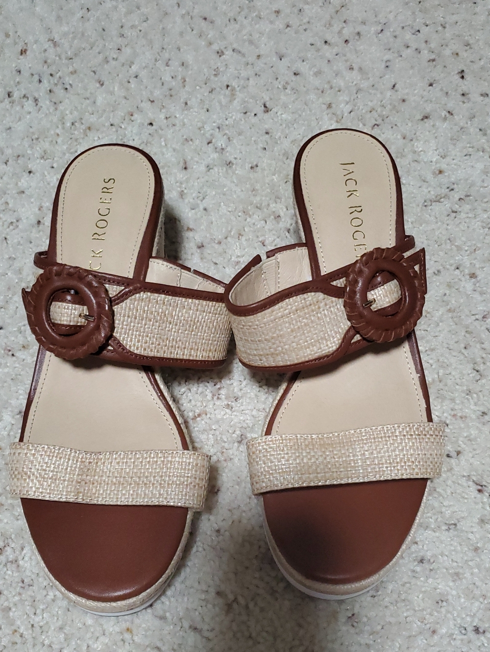 Jack Rogers Cream and Brown Woven Slide Mules